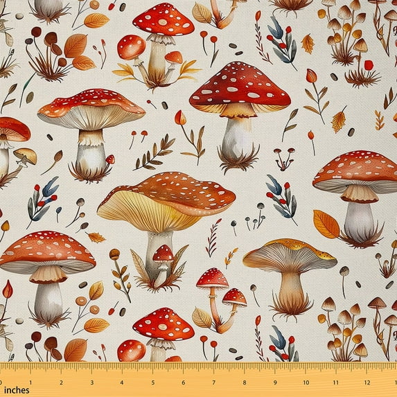 Colorful Mushroom Fabric By The Yard,Watercolor Fungus Upholstery Fabric,Wild Plants Indoor Outdoor Fabric,Groovy Flower Leaf Decorative Fabric,Red Beige,5 Yards