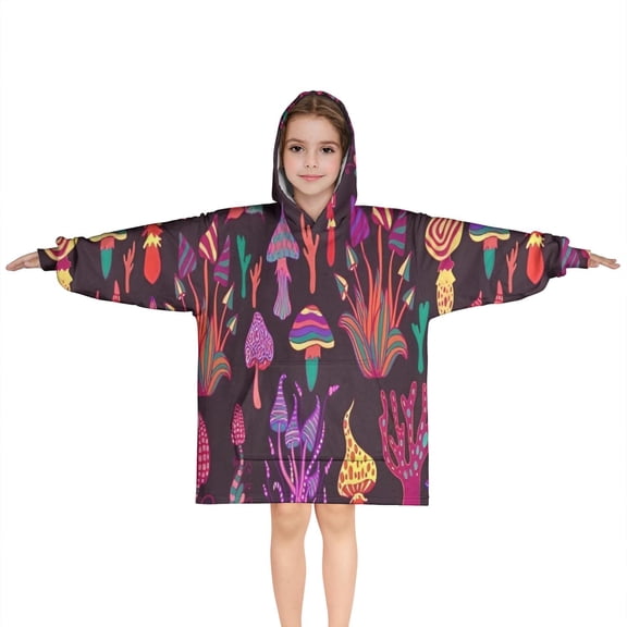 Colorful Mushroom Fantasy Black Pattern Blanket Hoodies for Kids 6-13YR Oversize Wearable Blanket Hoodies for Boys Girls Teens