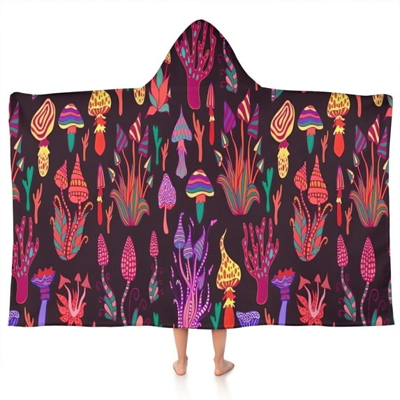 Colorful Mushroom Fantasy Black Pattern Hooded Bath Towel,50"x30" for Ages 3 To 12 Kids, Quick Dry Lightweight Soft Microfiber Hood Beach Towel Cover Up for Kids