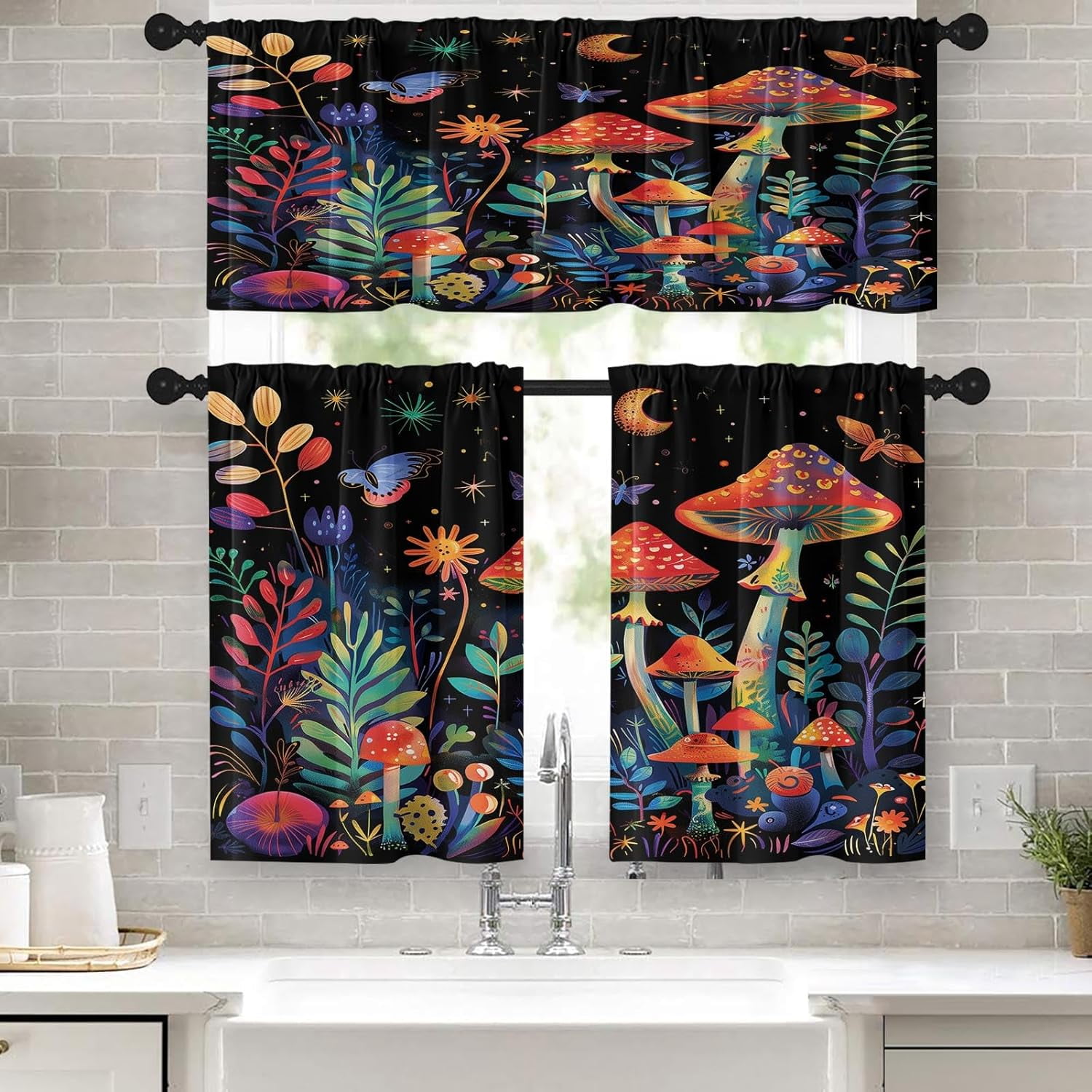 Colorful Mushroom Fantasy Kitchen Window Curtains Valance and Tier Set ...
