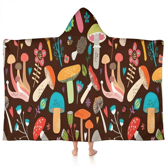 Colorful Mushroom Floral Brown Pattern Hooded Bath Towel,60"x35" for Ages 3 To 12 Kids, Quick Dry Lightweight Soft Microfiber Hood Beach Towel Cover Up for Kids
