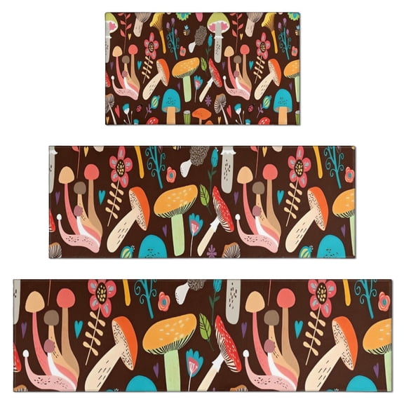 Colorful Mushroom Floral Brown Pattern Kitchen Rugs Sets Of 3,Kitchen Runner Rugs Non Skid Washable,Decorative Kitchen Floor Mats for Kitchen,Sink,Laundry,17"x30"+ 17"x47" + 17"x59"