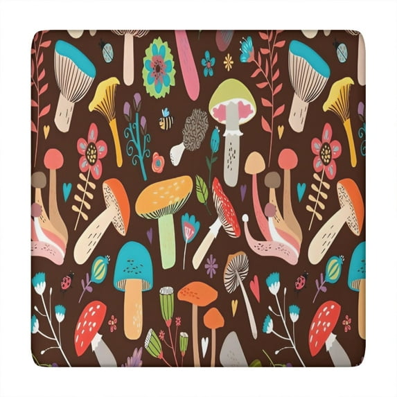 Colorful Mushroom Floral Brown Pattern Square Fitted Tablecloth with Elastic Edge,Square Table Cover,Washable Elastic Table Cover for Home Kitchen Party Decor 34"x34"