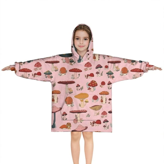Colorful Mushroom Floral Pink Pattern Blanket Hoodies for Kids 6-13YR Oversize Wearable Blanket Hoodies for Boys Girls Teens