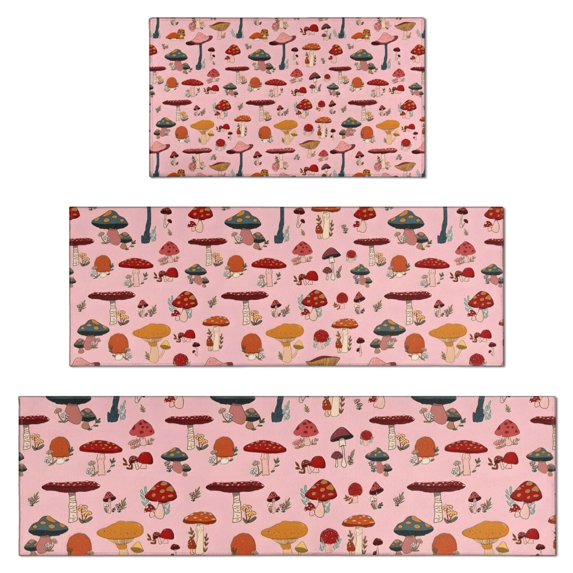 Colorful Mushroom Floral Pink Pattern Kitchen Rugs Sets Of 3,Kitchen Runner Rugs Non Skid Washable,Decorative Kitchen Floor Mats for Kitchen,Sink,Laundry,17"x30"+ 17"x47" + 17"x59"
