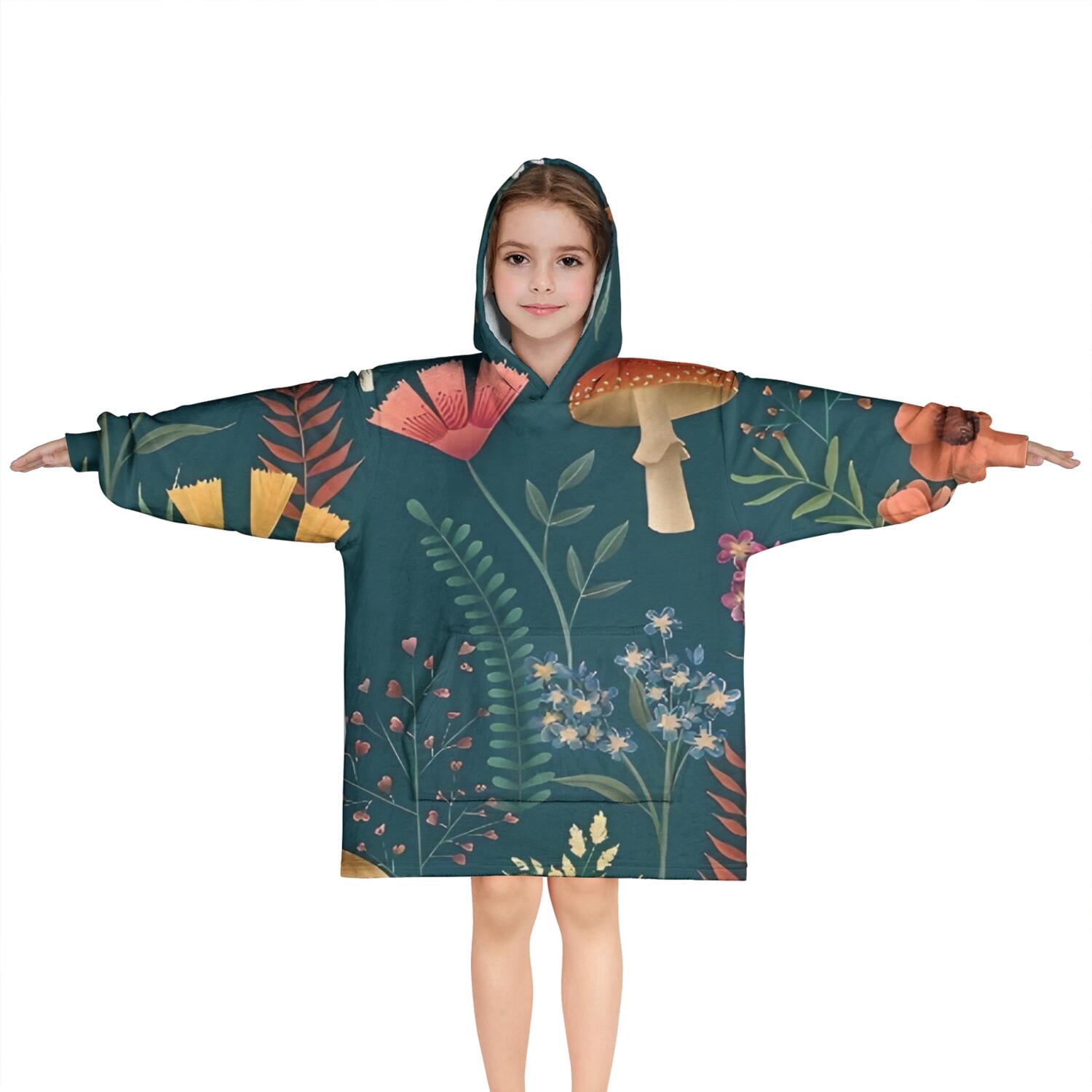 Colorful Mushroom Flower Dark Green Pattern Blanket Hoodies for Kids 6-13YR Oversize Wearable Blanket Hoodies for Boys Girls Teens