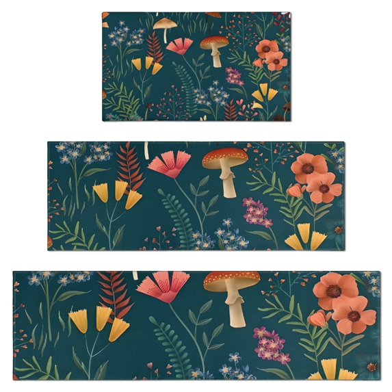 Colorful Mushroom Flower Dark Green Pattern Kitchen Rugs Sets Of 3,Kitchen Runner Rugs Non Skid Washable,Decorative Kitchen Floor Mats for Kitchen,Sink,Laundry,17"x30"+ 17"x47" + 17"x59"