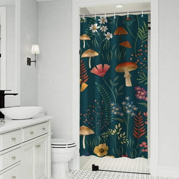 Colorful Mushroom Flower Dark Green Pattern Shower Curtain 36"x72" ,Bathroom Decorative Shower Curtains Set with 12 Hooks,Modern Waterproof Washable Shower Curtain