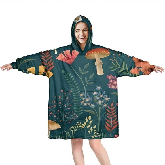 Colorful Mushroom Flower Dark Green Pattern Wearable Oversized Blanket,Wearable Blanket Hoodie for Adults,Cozy Hooded Blankets with Super Pockets,Super Warm Fuzzy Pullover for Women & Men