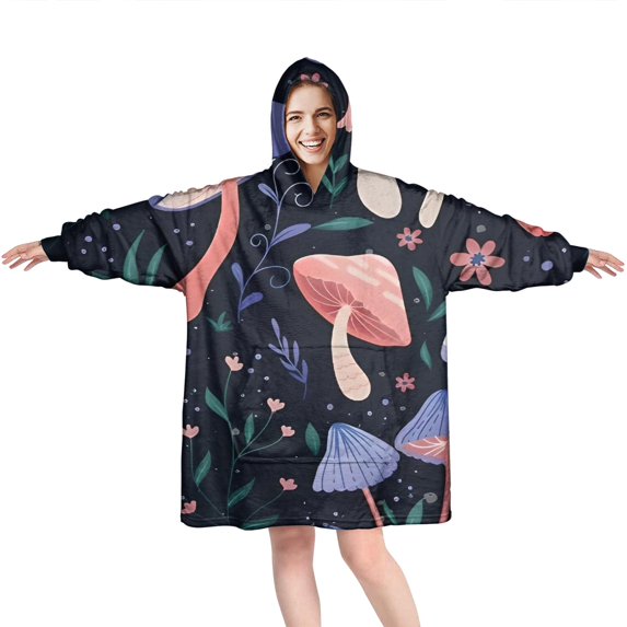 Colorful Mushroom Flower Dark Pattern Wearable Oversized Blanket,Wearable Blanket Hoodie for Adults,Cozy Hooded Blankets with Super Pockets,Super Warm Fuzzy Pullover for Women & Men
