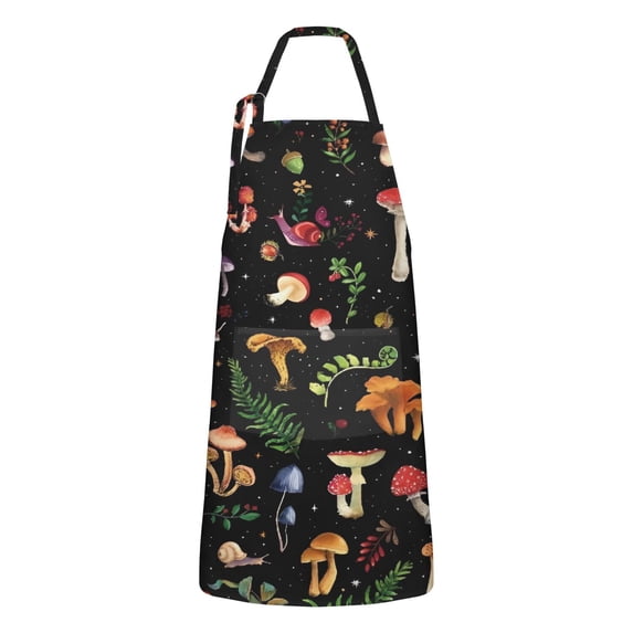 Colorful Mushroom Forest Black Pattern Apron-Garden Aprons for Women with Pockets-Cotton Linen Waterproof Kitchen Cooking Gardening Aprons Adjustable for Kitchen,Cooking,BBQ and Salon 33x27 Inch