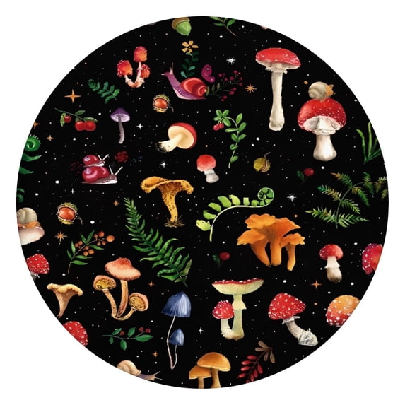 Colorful Mushroom Forest Black Pattern Round Fitted Tablecloth with Elastic Edge,Dining Table Cover Waterproof,Outdoor Round Tablecloth for Camping,Dining,Indoor and Outdoor
