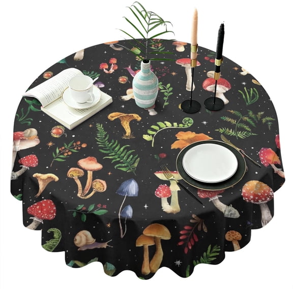 Colorful Mushroom Forest Black Pattern Round Tablecloth 60"x60",Wrinkle Wipeable Table Cloth for Kitchen Dining Room Picnic Patio Party