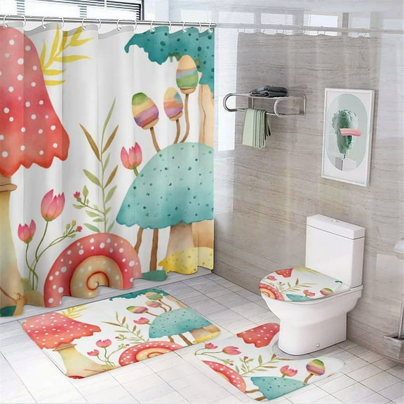 Colorful Mushroom Garden Print Shower Curtain Bathroom Sets Toilet Lid Rug, Bath Mat And Contour Mat, Shower Curtain 4Pcs