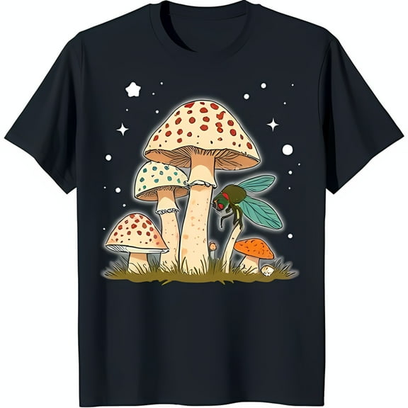 Colorful Mushroom Graphic on Black T-Shirt Minimalist Nature Design