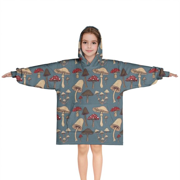 Colorful Mushroom Group Blue Pattern Blanket Hoodies for Kids 6-13YR Oversize Wearable Blanket Hoodies for Boys Girls Teens