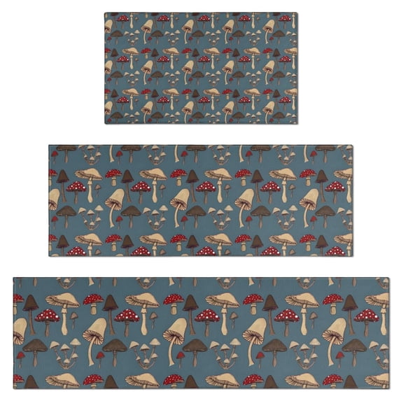 Colorful Mushroom Group Blue Pattern Kitchen Rugs Sets Of 3,Kitchen Runner Rugs Non Skid Washable,Decorative Kitchen Floor Mats for Kitchen,Sink,Laundry,17"x30"+ 17"x47" + 17"x59"