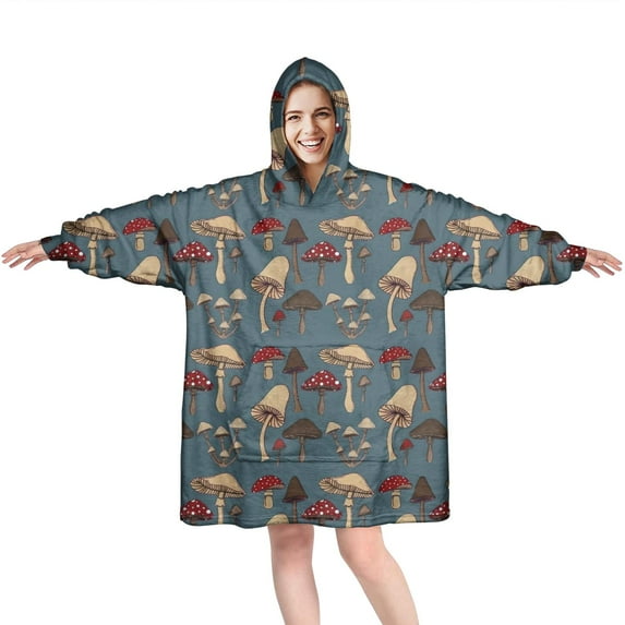 Colorful Mushroom Group Blue Pattern Wearable Oversized Blanket,Wearable Blanket Hoodie for Adults,Cozy Hooded Blankets with Super Pockets,Super Warm Fuzzy Pullover for Women & Men