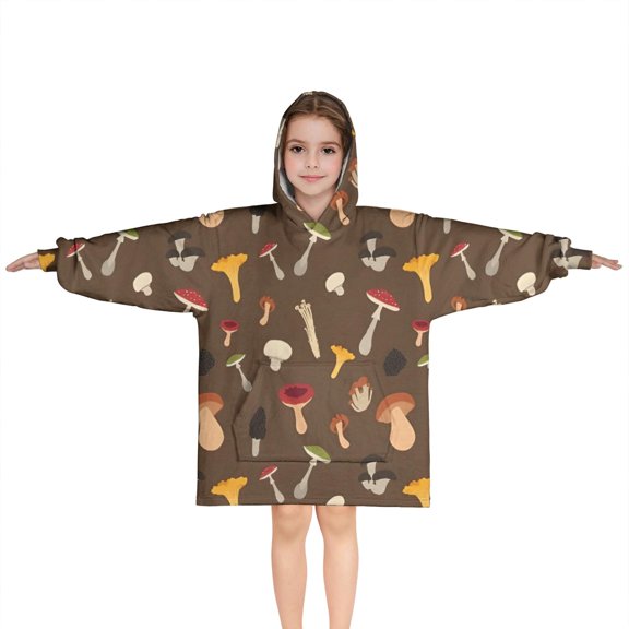 Colorful Mushroom Group Brown Pattern Blanket Hoodies for Kids 6-13YR Oversize Wearable Blanket Hoodies for Boys Girls Teens