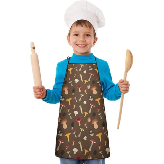 Colorful Mushroom Group Brown Pattern Kids Aprons for Girls and Boys,Adjustable Neck Strap Toddler Aprons for Kids Cooking Baking
