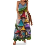 Colorful Mushroom House Fantasy Sleeveless Dress Woman Fashion Long