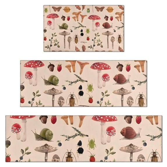 Colorful Mushroom Insect Light Pattern Kitchen Rugs Sets Of 3,Kitchen Runner Rugs Non Skid Washable,Decorative Kitchen Floor Mats for Kitchen,Sink,Laundry,17"x30"+ 17"x47" + 17"x59"