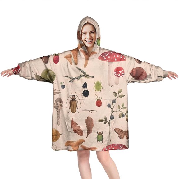 Colorful Mushroom Insect Light Pattern Wearable Oversized Blanket,Wearable Blanket Hoodie for Adults,Cozy Hooded Blankets with Super Pockets,Super Warm Fuzzy Pullover for Women & Men
