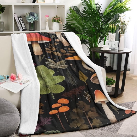 Colorful Mushroom Leaf Black Pattern Blanket,Comfortable Soft Lamb Wool Throw Blanket,All Season,Warm Lightweight Blankets for Sofa Bed Couch Living Room Chair,40"x50"