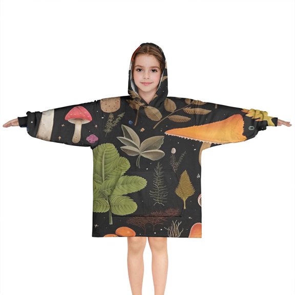 Colorful Mushroom Leaf Black Pattern Blanket Hoodies for Kids 6-13YR Oversize Wearable Blanket Hoodies for Boys Girls Teens