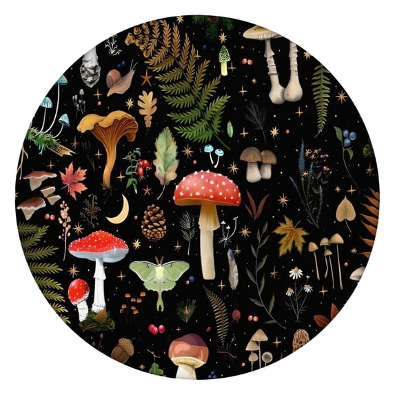 Colorful Mushroom Leaf Black Pattern Round Fitted Tablecloth with Elastic Edge,Dining Table Cover Waterproof,Outdoor Round Tablecloth for Camping,Dining,Indoor and Outdoor