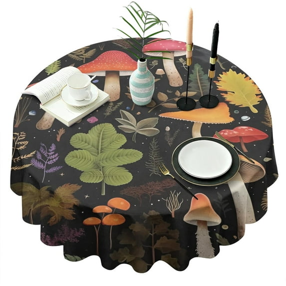 Colorful Mushroom Leaf Black Pattern Round Tablecloth 60"x60",Wrinkle Wipeable Table Cloth for Kitchen Dining Room Picnic Patio Party