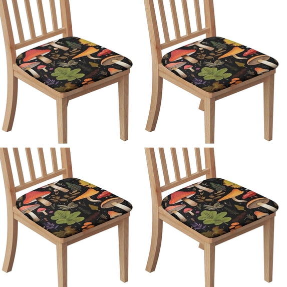 Colorful Mushroom Leaf Black Pattern Seat Covers for Dining Room Chairs Set Of 4,Stretch Printed Washable Chair Seat Cover with Elastic Ties and Button,Removable Waterproof Couch Cushion Covers