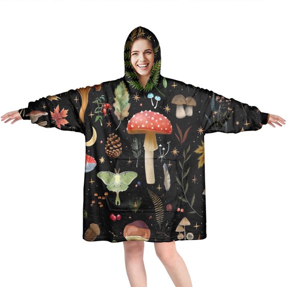 Colorful Mushroom Leaf Black Pattern Wearable Oversized Blanket,Wearable Blanket Hoodie for Adults,Cozy Hooded Blankets with Super Pockets,Super Warm Fuzzy Pullover for Women & Men