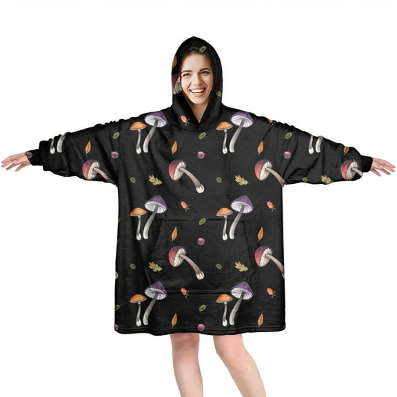 Colorful Mushroom Leaf Black Pattern Wearable Oversized Blanket,Wearable Blanket Hoodie for Adults,Cozy Hooded Blankets with Super Pockets,Super Warm Fuzzy Pullover for Women & Men