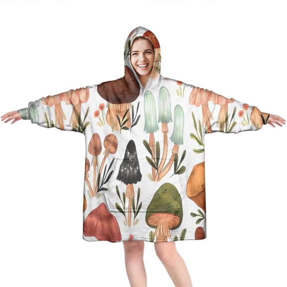 Colorful Mushroom Leaf White Pattern Wearable Oversized Blanket,Wearable Blanket Hoodie for Adults,Cozy Hooded Blankets with Super Pockets,Super Warm Fuzzy Pullover for Women & Men
