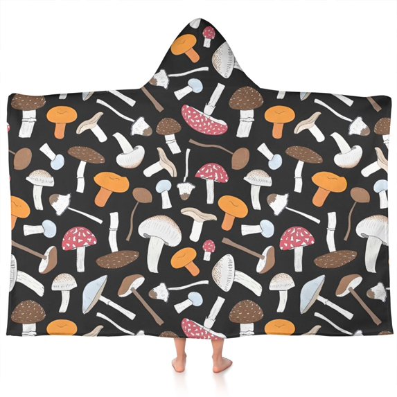 Colorful Mushroom Mixed Black Pattern Hooded Bath Towel,60"x35" for Ages 3 To 12 Kids, Quick Dry Lightweight Soft Microfiber Hood Beach Towel Cover Up for Kids