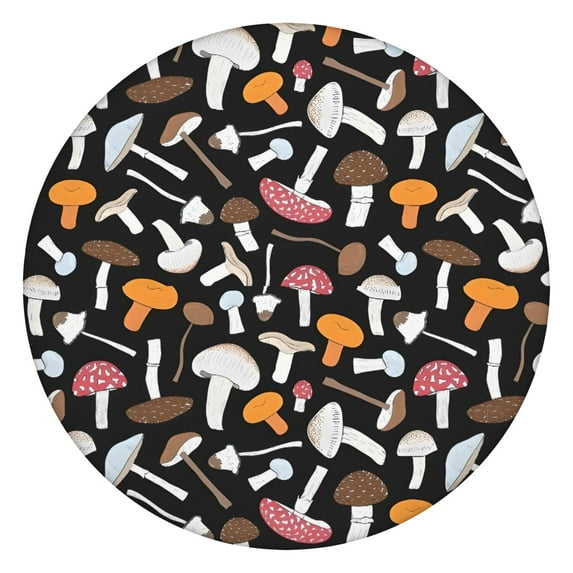 Colorful Mushroom Mixed Black Pattern Round Fitted Tablecloth with Elastic Edge,Dining Table Cover Waterproof,Outdoor Round Tablecloth for Camping,Dining,Indoor and Outdoor