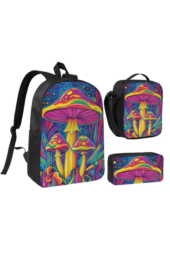 Colorful Mushroom Pattern Backpack 17 Inch Set with Lunch Bag and CaseDurableTravel Bag Combo for Work Commuting Daily Use