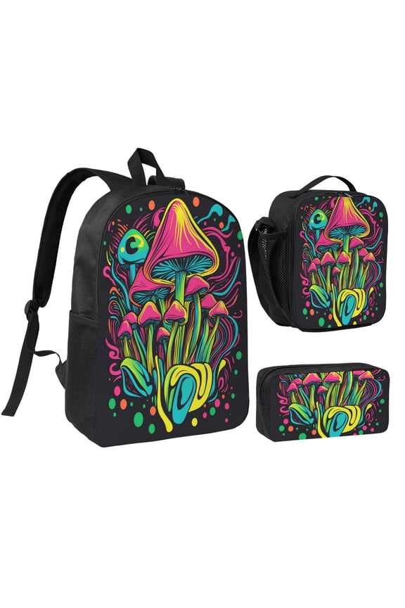 Colorful Mushroom Pattern Backpack 17 Inch Set with Lunch Bag and CaseDurableTravel Bag Combo for Work Commuting Daily Use