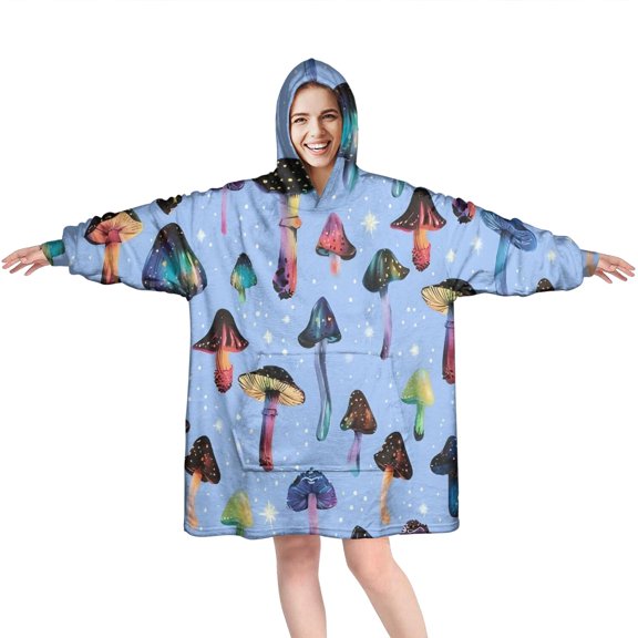 Colorful Mushroom Pattern Light Blue Pattern Wearable Oversized Blanket,Wearable Blanket Hoodie for Adults,Cozy Hooded Blankets with Super Pockets,Super Warm Fuzzy Pullover for Women & Men