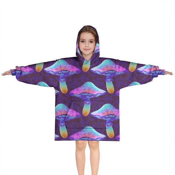 Colorful Mushroom Pattern Purple Pattern Blanket Hoodies for Kids 6-13YR Oversize Wearable Blanket Hoodies for Boys Girls Teens