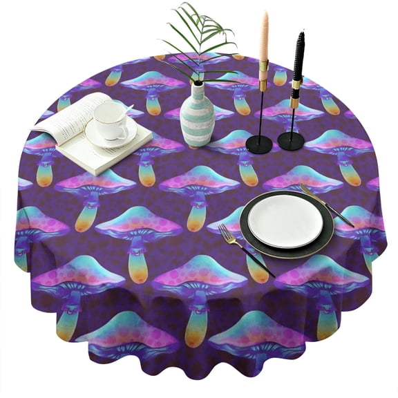Colorful Mushroom Pattern Purple Pattern Round Tablecloth 60"x60",Wrinkle Wipeable Table Cloth for Kitchen Dining Room Picnic Patio Party