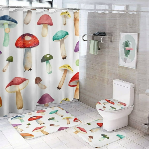 Colorful Mushroom Pattern Shower Curtain Bathroom Sets Toilet Lid Rug, Bath Mat And Contour Mat, Shower Curtain 4Pcs
