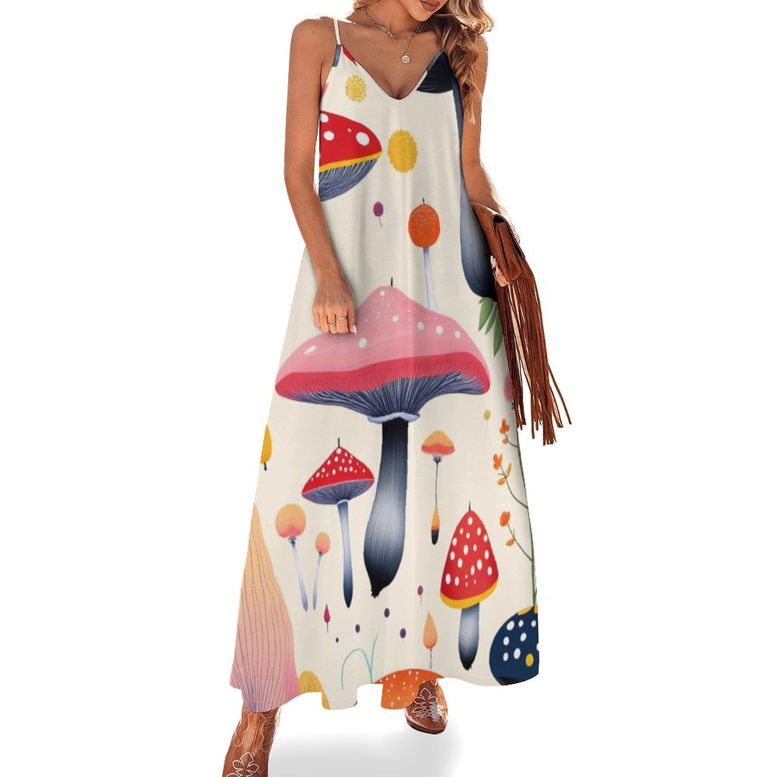 Colorful Mushroom Pattern Sleeveless Dress for Women Clothing Female