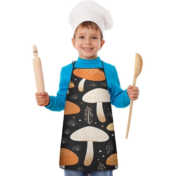 Colorful Mushroom Plant Black Pattern Kids Aprons for Girls and Boys,Adjustable Neck Strap Toddler Aprons for Kids Cooking Baking
