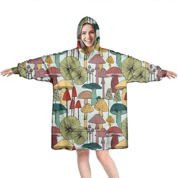 Colorful Mushroom Plant Light Blue Pattern Wearable Oversized Blanket,Wearable Blanket Hoodie for Adults,Cozy Hooded Blankets with Super Pockets,Super Warm Fuzzy Pullover for Women & Men
