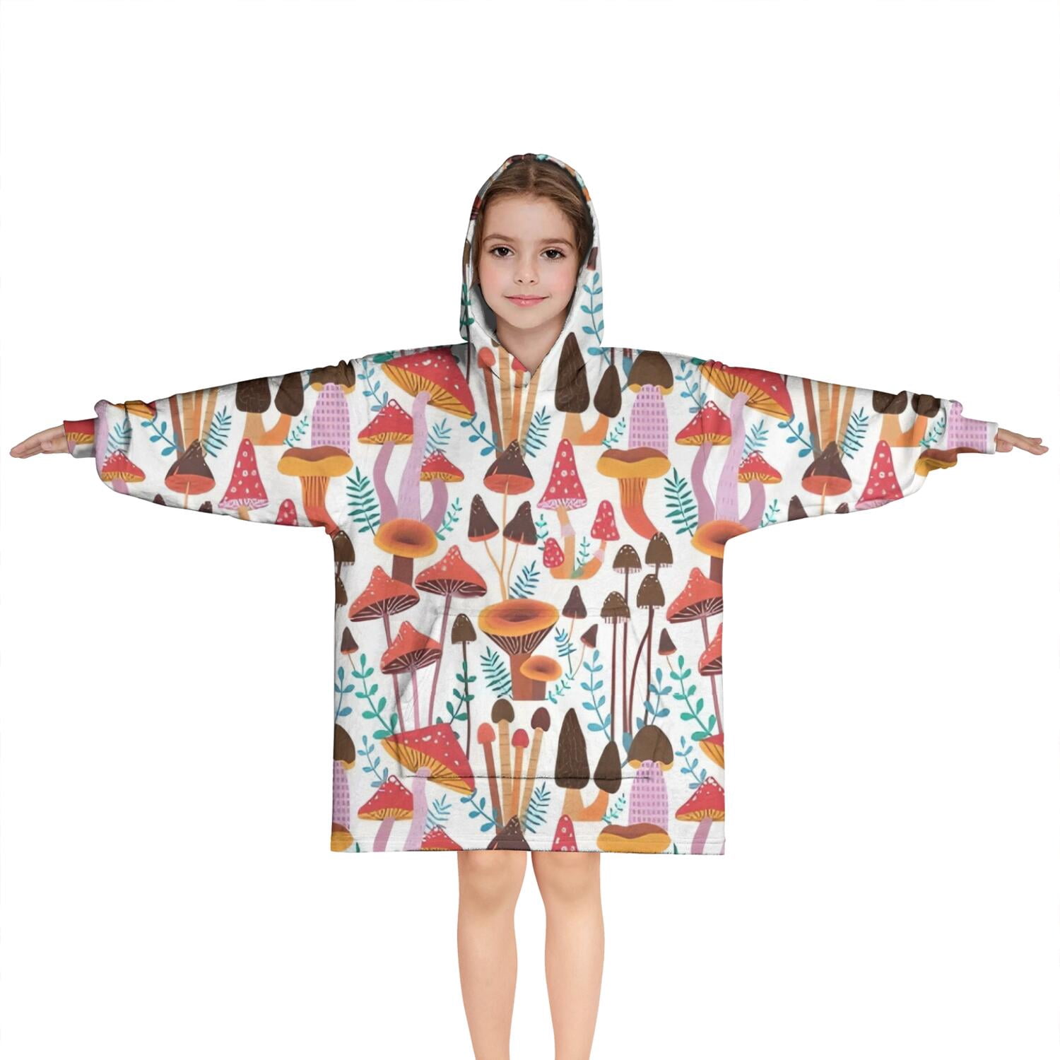 Colorful Mushroom Plant White Pattern Blanket Hoodies for Kids 6-13YR Oversize Wearable Blanket Hoodies for Boys Girls Teens