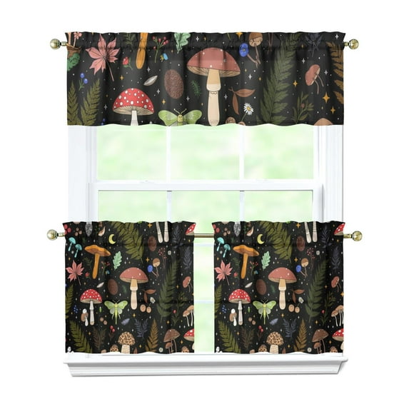 Colorful Mushroom Plants Kitchen Curtains and Valances Set-3 Piece Kitchen Curtains Sets with Valance for Windows Rod Pocket Machine Washable Kitchen Decor(54"x18"+2x27.5"x24")