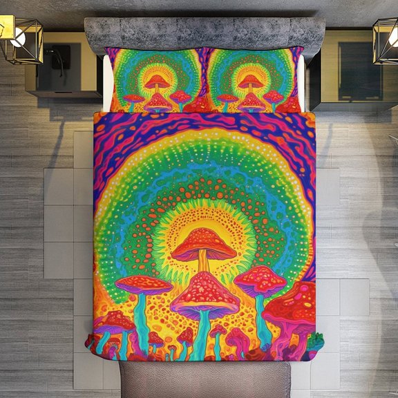 Colorful Mushroom Quilt Cover Set Fashionable Printed Bedding Covers with Pillowcase Home Textiles, King (90"x102")
