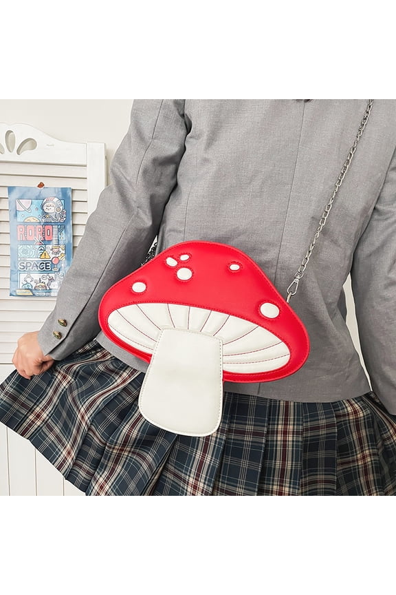 Colorful Mushroom Shape Printed Creative Crossbody Shoulder Handheld Bag PU Color-Block Medium Bag Korean Casual Fresh Style Women Purse Unique Handbags in Red for Daily Outfits